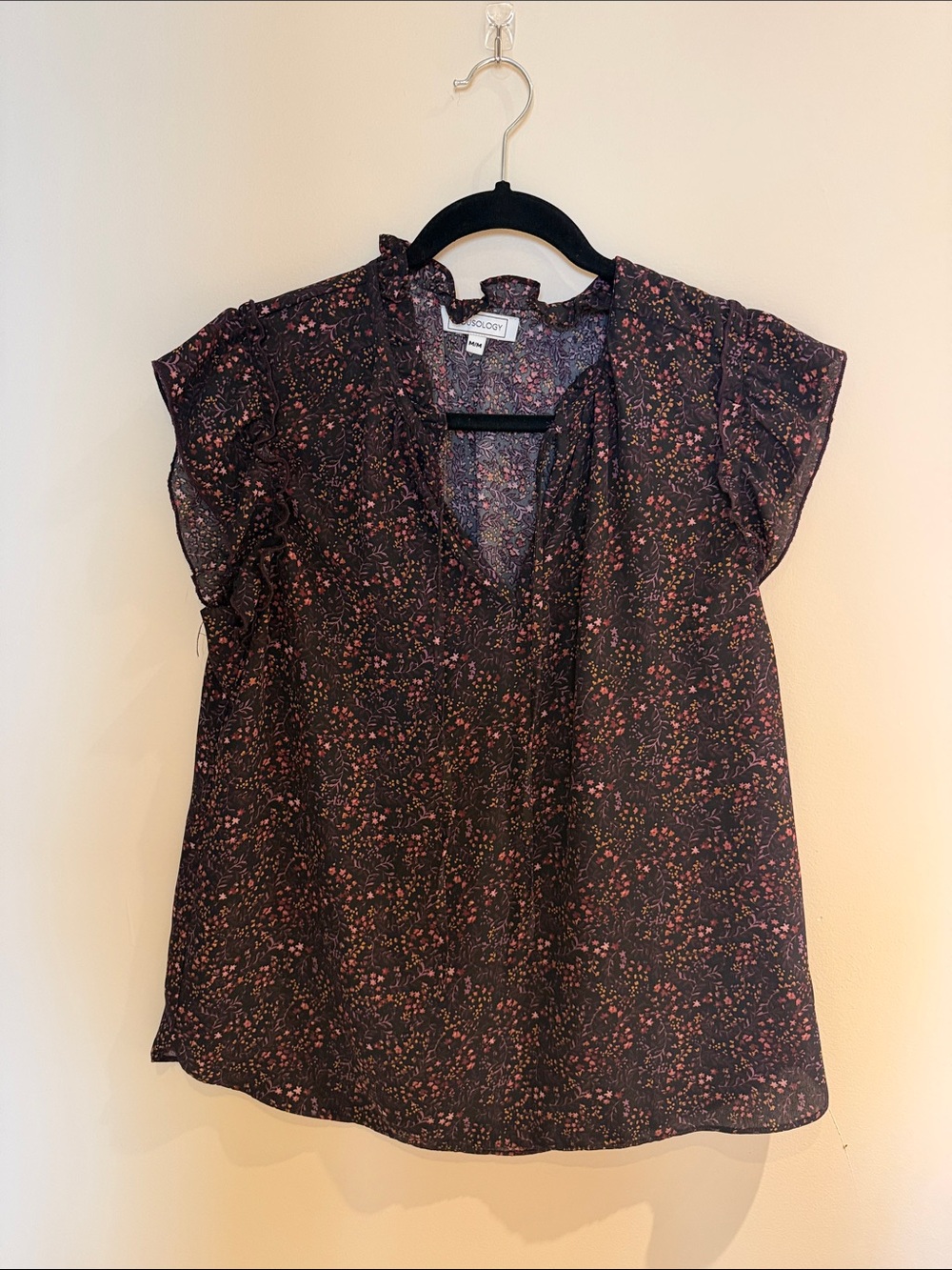 Ruffle-Trim Floral Sheer Blouse in Black with Pink Accents